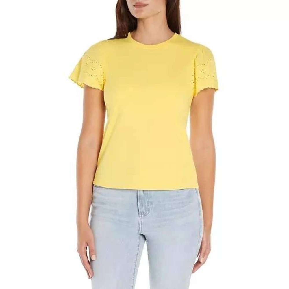 Eyelet Sleeve Top‎ Stretch Cotton Short Sleeve Tee Shirt Yellow Size M /#5406